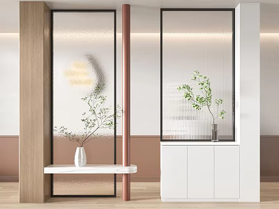 Modern Interior Glass Partition With Wooden Frame Circular Mirror And Green Plants In Vase 3d model