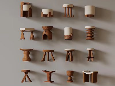 Assorted Wooden Stools Featuring Various Designs And White Cushions On 3d model