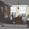 Modern Office Interior Design With Wooden Walls Bookshelves Desk Sofa Plants And Artwork