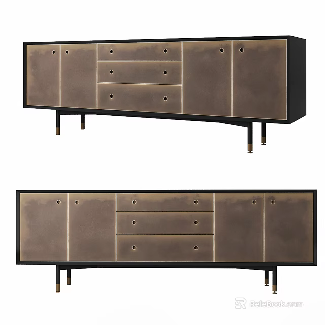 Modern Leather TV Stand With Storage Drawers Cabinets And Sleek Metal Legs Design 3d model 