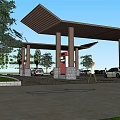 Gas Station Exterior With Brown Canopies Fuel Pumps Parked Cars And Trees