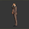 Stylish Man In Checkered Suit Talking On Phone With Hand In Pocket And Gray Background