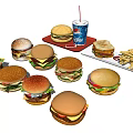Assorted Juicy Burgers With Crispy Fries And Pepsi Cola On Serving Trays