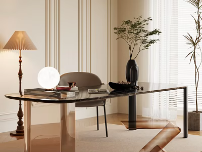 Modern Desk Setup With Black Tabletop Chair Table Lamp Potted Plant And Window Blinds 3d model