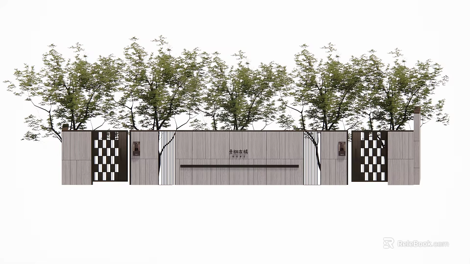 Courtyard Garden Design With Wooden Fence Checkerboard Pattern And Green Trees 3d model 