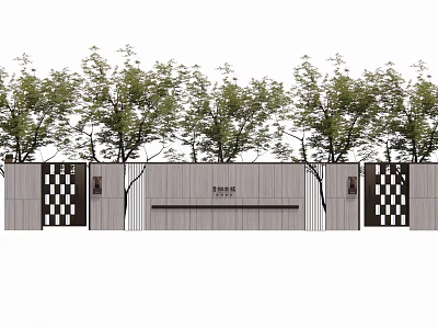 Courtyard Garden Design With Wooden Fence Checkerboard Pattern And Green Trees 3d model