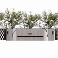 Courtyard Garden Design With Wooden Fence Checkerboard Pattern And Green Trees