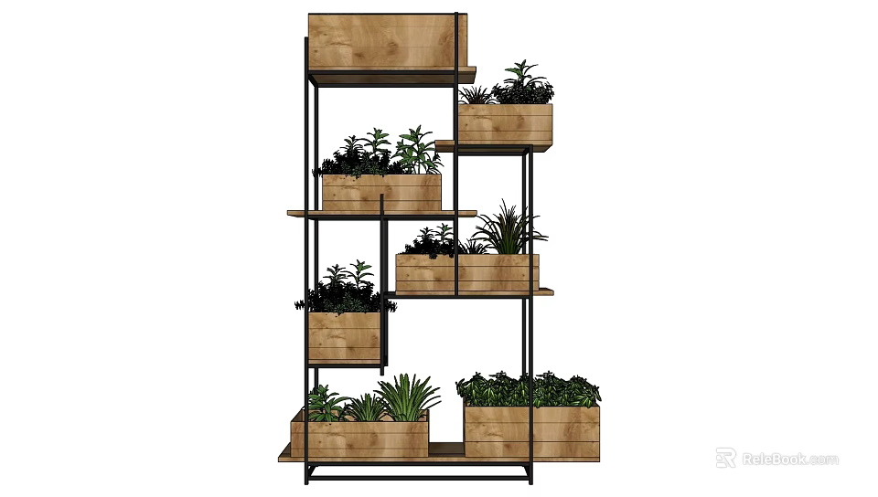 Iron Plant Stand With Wooden Planters And Plants 3d model 