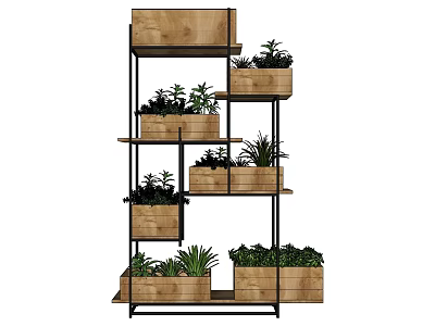 Iron Plant Stand With Wooden Planters And Plants 3d model