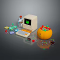 Retro Computer Setup With Green Screen Keyboard Orange Container And Colorful Items 3d model