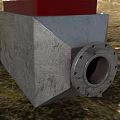 Industrial Metal Fireplace With Gray Body Red Top Bolts And Circular Outlet