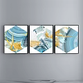 Modern Abstract Painting With Blue Gold Brushstrokes And Flowing Lines On Canvas