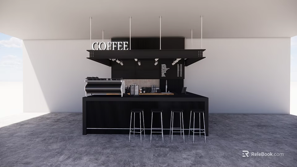 Modern Restaurant Coffee Bar Interior With Black Counter COFFEE Sign And Metal Bar Stools 3d model 