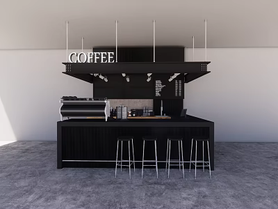 Modern Restaurant Coffee Bar Interior With Black Counter COFFEE Sign And Metal Bar Stools 3d model