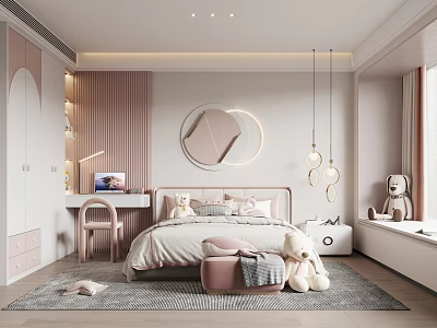 Pink Themed Kids Bedroom With Bed Plush Toys And Desk 3d model