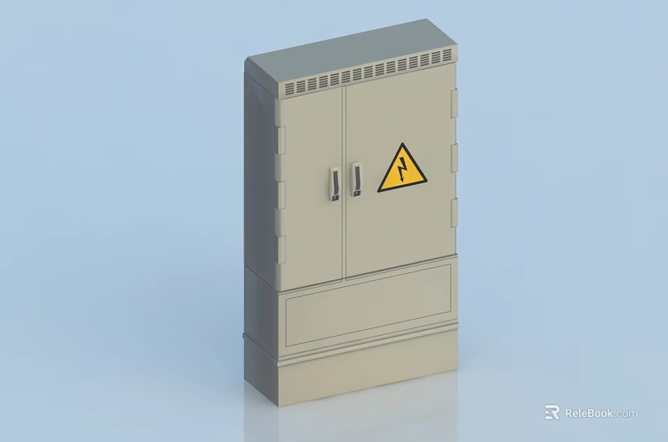 Gray Industrial Electrical Control Cabinet With Double Doors And Yellow Warning Sign 3d model 