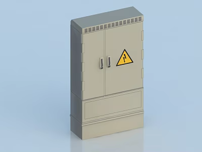 Gray Industrial Electrical Control Cabinet With Double Doors And Yellow Warning Sign 3d model
