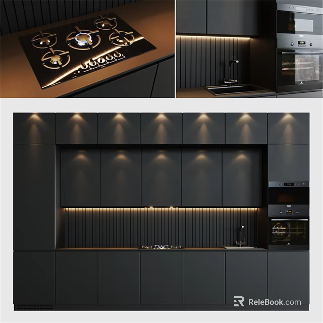Modern Black Kitchen Cabinets With Strip Lighting Countertop And Oven Appliances 3d model 