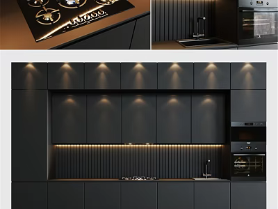 Modern Black Kitchen Cabinets With Strip Lighting Countertop And Oven Appliances 3d model