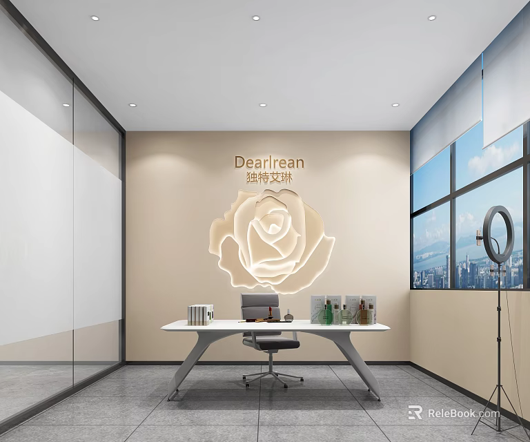 Modern Public Office Space With Desk Chair Floor to Ceiling Windows and Rose Wall Decor 3d model 