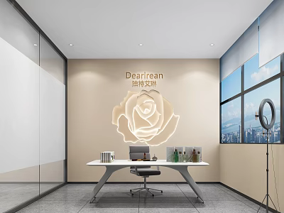 Modern Public Office Space With Desk Chair Floor to Ceiling Windows and Rose Wall Decor 3d model