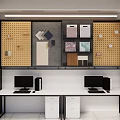 Home Office Desk With Pegboard Displaying Wooden Panels Fabric Swatches And File Cabinets