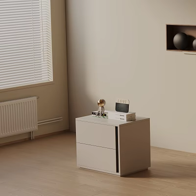 White Bedside Table with Drawers Lamp and Radio in Bedroom with Blinds and Wall Art 3d model