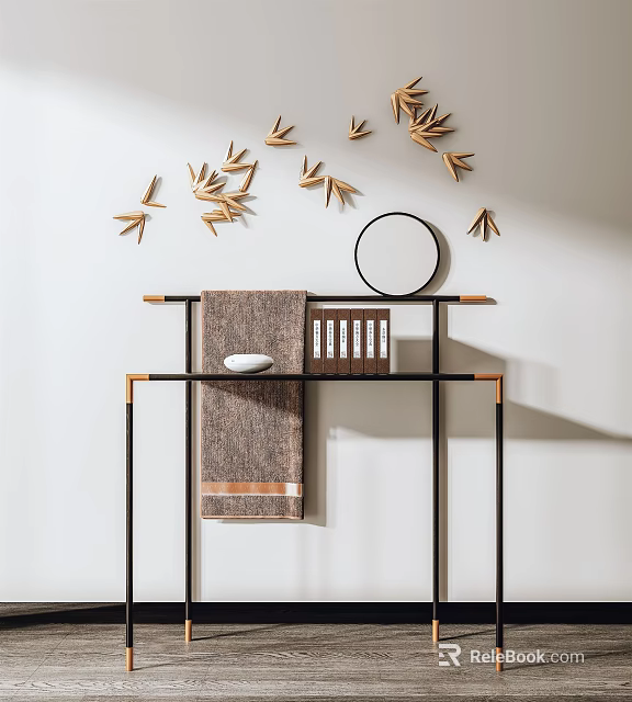 Modern Elegant Dressing Table Design With Gold Leaf Wall Decor Round Mirror And Brown Towel 3d model 
