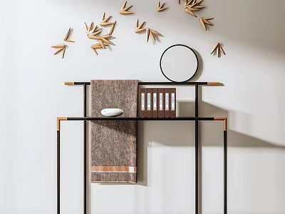 Modern Elegant Dressing Table Design With Gold Leaf Wall Decor Round Mirror And Brown Towel 3d model