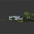 Natural Outdoor Scene of House with Green Lawn Trees Pathway and Lawn Mower