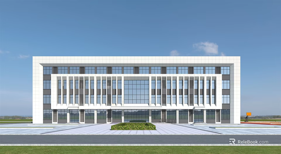 Modern Office Building With Glass Facade White Exterior And Front Green Plaza 3d model 