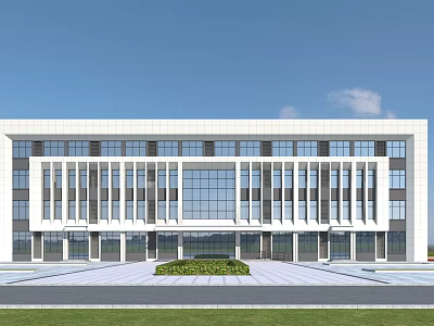 Modern Office Building With Glass Facade White Exterior And Front Green Plaza 3d model