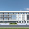 Modern Office Building With Glass Facade White Exterior And Front Green Plaza
