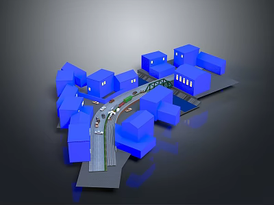 Modern Urban 3D Building Model Featuring Blue Structures And Road Layout Design 3d model