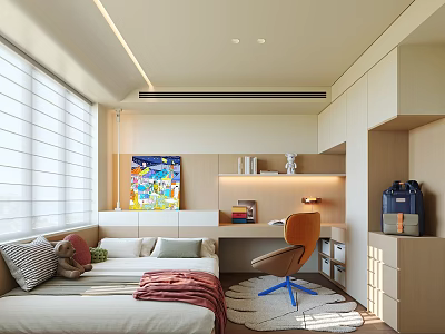Modern Tatami Bedroom Interior With Cozy Bed Pillows Desk Chair And Colorful Painting 3d model