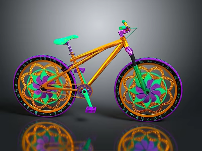 Colorful Decorative Bicycle With Orange Frame Green Seat And Floral Patterned Purple Wheels 3d model
