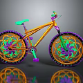 Colorful Decorative Bicycle With Orange Frame Green Seat And Floral Patterned Purple Wheels