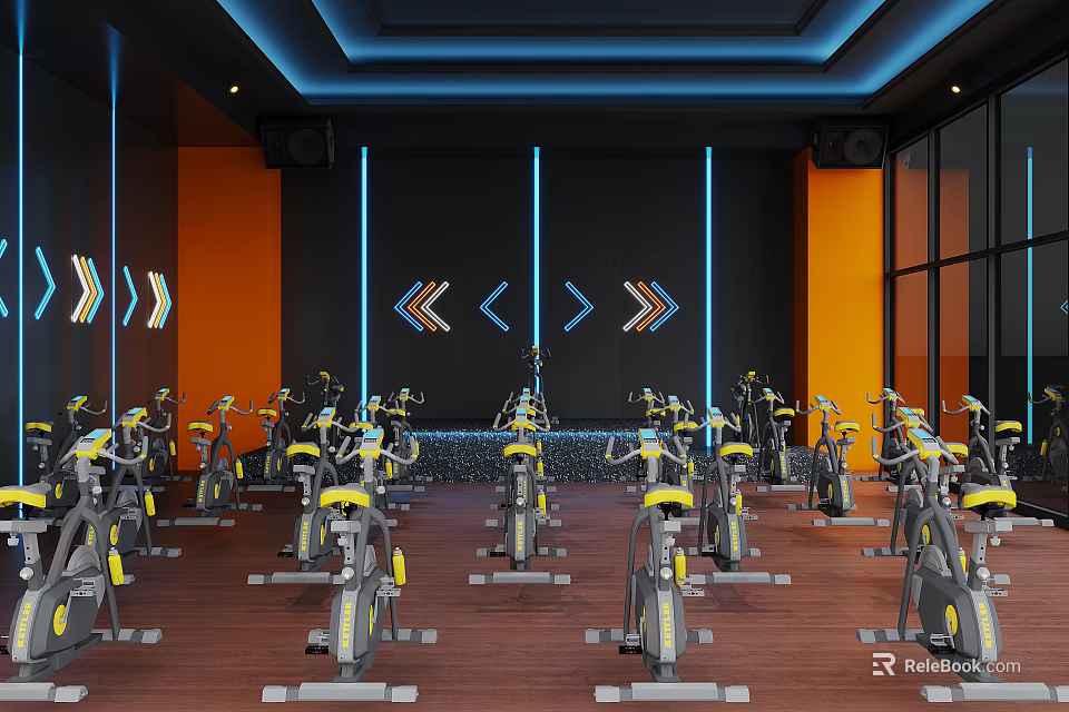 Fitness Studio With Many Spin Bikes And Modern Lighting 3d model 
