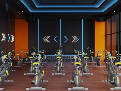 Fitness Studio With Many Spin Bikes And Modern Lighting 3d model
