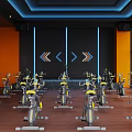 Fitness Studio With Many Spin Bikes And Modern Lighting