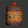 Decorative Household Storage Jar With Orange Red Body Wooden Texture And Strawberry Leaf Patterns