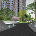 Urban Garden Landscape With High rise Buildings Lush Trees And Paved Walkway