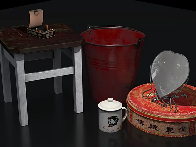 Wooden Table With Red Metal Bucket White Patterned Mug And Decorative Red Box 3d model