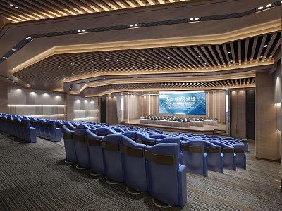 Modern Conference Room Interior Design With Rows of Blue Seats And Large Screen 3d model
