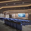 Modern Conference Room Interior Design With Rows of Blue Seats And Large Screen