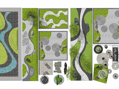 Various Garden Ornaments Design With Pathways Paving Circular Patterns Greenery And Stones 3d model