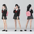 A Young Woman In Black Sailor School Uniform With Red Bow And Pink Backpack