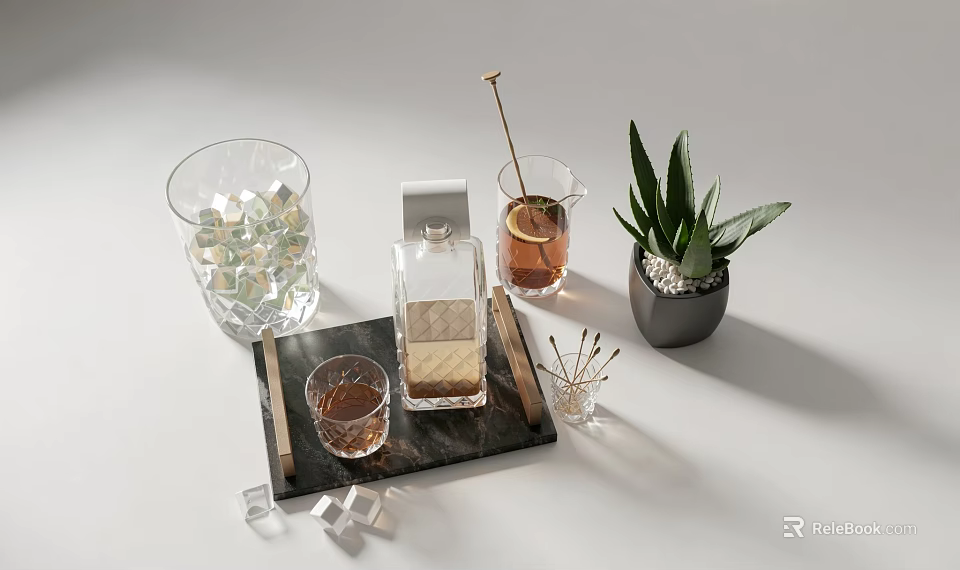 Elegant Wine Bottle And Glass Display On Marble Tray With Ice Cubes And Green Plant 3d model 