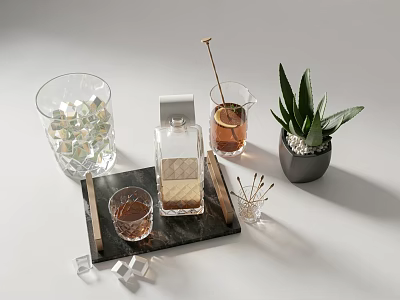 Elegant Wine Bottle And Glass Display On Marble Tray With Ice Cubes And Green Plant 3d model