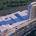 Modern Commercial Complex with Contemporary Architectural Design Glass Curtain Walls and Lush Green Surroundings
